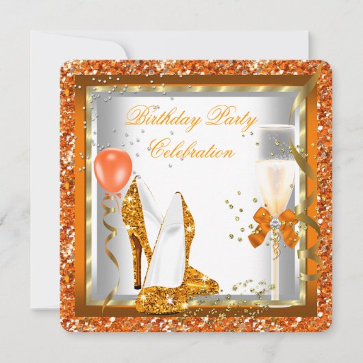 Gold High Heels Glitter Oranje Birthday Party 2 Kaart (Voorkant)