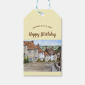 Gold Hill, Shaftesbury, Dorset Waterverf Painting Cadeaulabel (Voorkant)