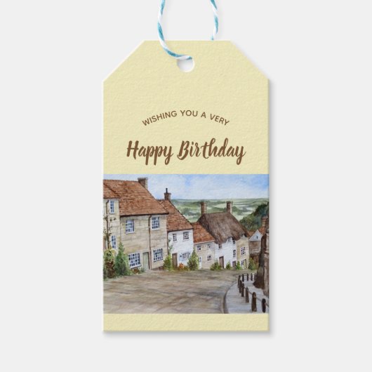 Gold Hill, Shaftesbury, Dorset Waterverf Painting Cadeaulabel (Voorkant)