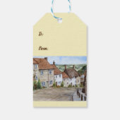 Gold Hill, Shaftesbury, Dorset Waterverf Painting Cadeaulabel (Achterkant)