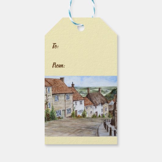 Gold Hill, Shaftesbury, Dorset Waterverf Painting Cadeaulabel (Achterkant)