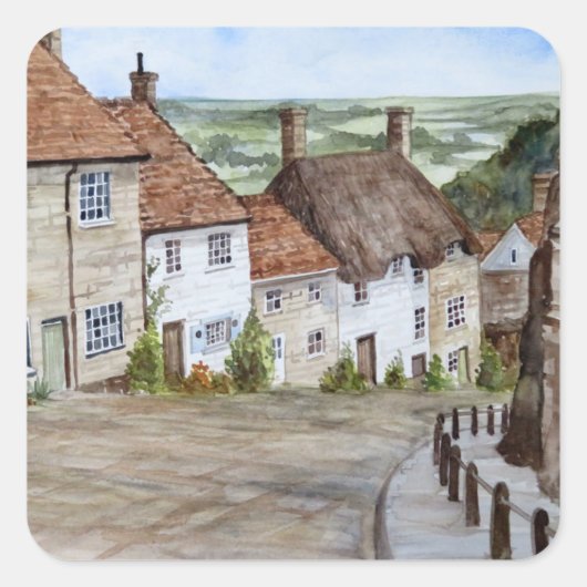 Gold Hill, Shaftesbury, Dorset Waterverf Painting Vierkante Sticker (Voorkant)