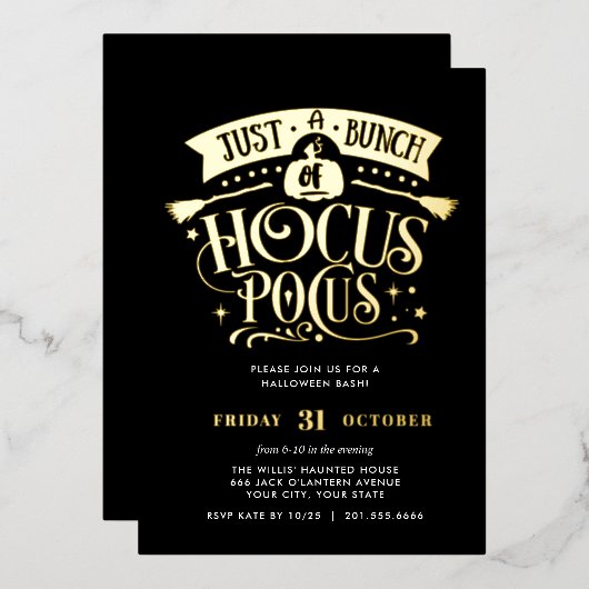 GOLD HOCUS POCUS Halloween Basparty Folie Uitnodiging (Voorkant / Achterkant)