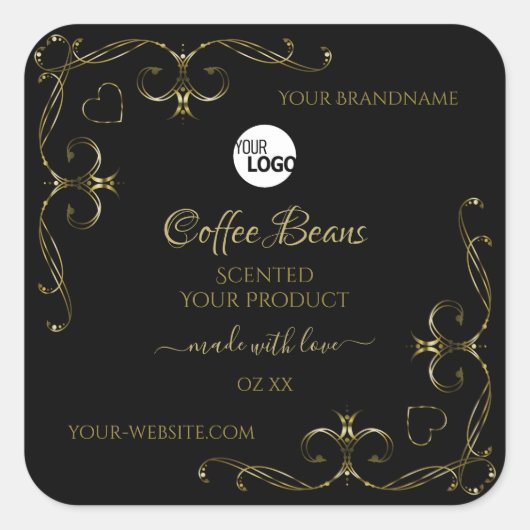 Gold hoeken op zwarte productlabels - Logo Vierkante Sticker (Voorkant)