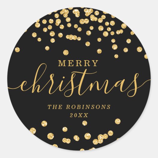 Gold Holiday Kerstmis Glitter Confetti Black Ronde Sticker (Voorkant)