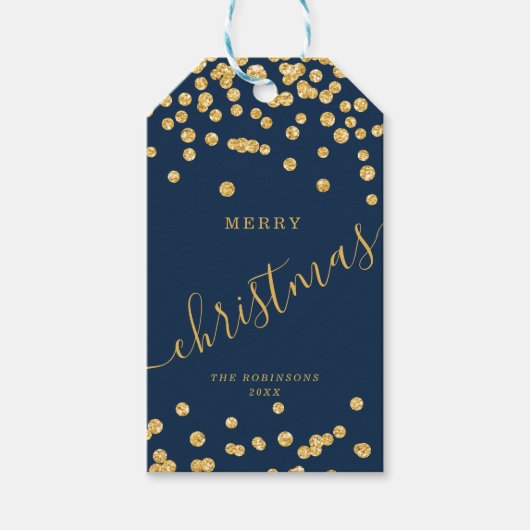 Gold Holiday Kerstmis Glitter Confetti Navy Cadeaulabel (Voorkant)