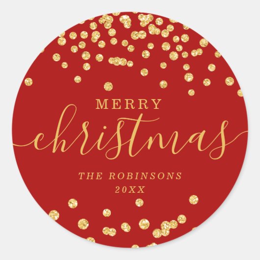 Gold Holiday Kerstmis Glitter Confetti Red Ronde Sticker (Voorkant)