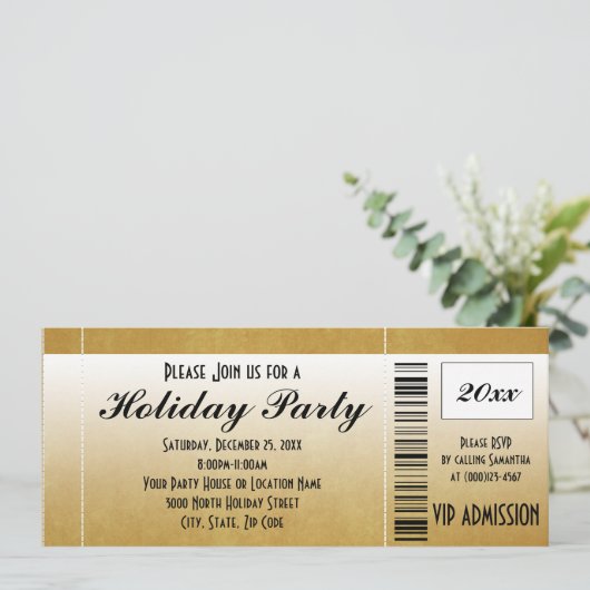Gold Holiday Party Ticket Uitnodiging (Staand voorkant)