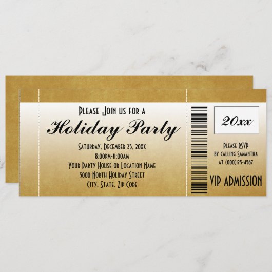 Gold Holiday Party Ticket Uitnodiging (Voorkant / Achterkant)