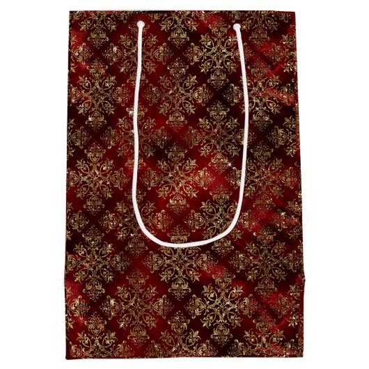 Gold Holiday Sparkle Elegant Damask Medium Cadeauzakje (Achterkant)