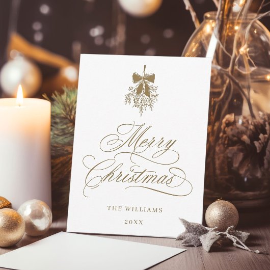 Gold Holly Berry Bouquet Romantische Kerstfoto Feestdagenkaart