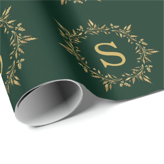Gold Holly Kerstmis met Monogram Holiday Cadeaupapier (Rol Hoek)