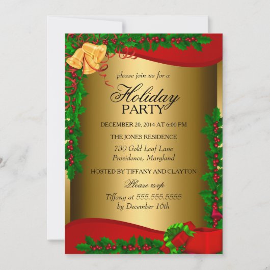 Gold Holly Leaves Bell Kerstvakantie Invite Kaart (Voorkant)