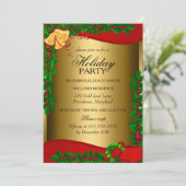 Gold Holly Leaves Bell Kerstvakantie Invite Kaart (Staand voorkant)