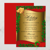 Gold Holly Leaves Bell Kerstvakantie Invite Kaart (Voorkant / Achterkant)