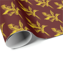 Gold Holly Leaves en Berries op Bourgogne Cadeaupapier