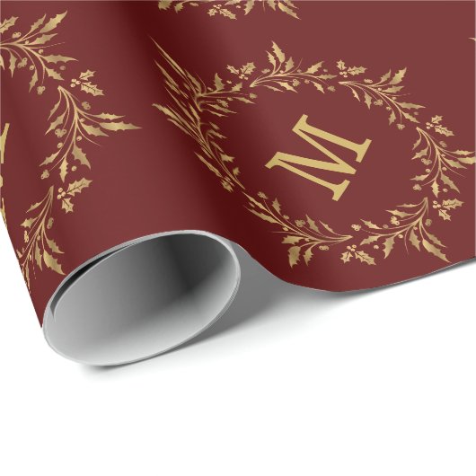 Gold Holly Wreated kerstmonogram Cadeaupapier (Rol Hoek)