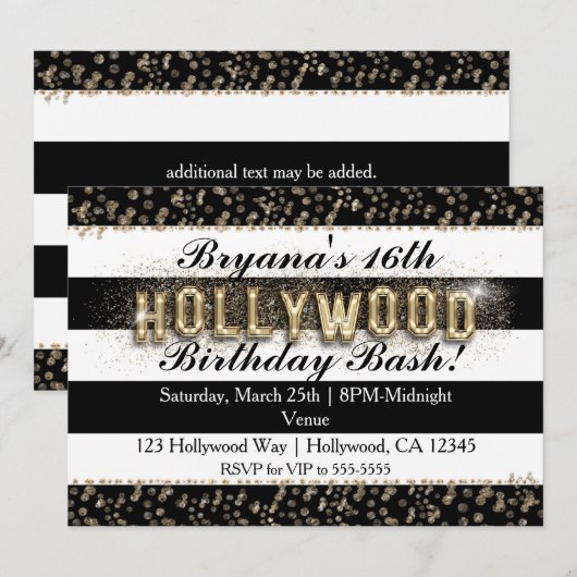 Gold Hollywood Black & White Stripes Uitnodigingen (Voorkant / Achterkant)