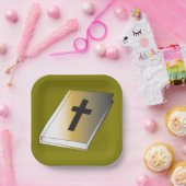 Gold Holy Bible with Black Cross Religious Papieren Bordje (Feest)