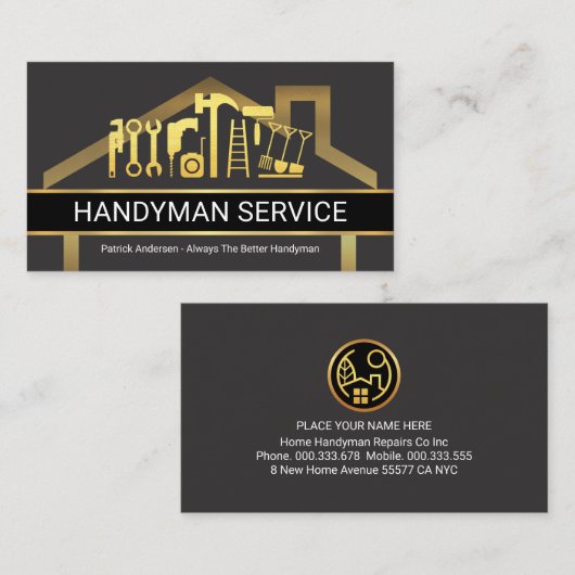 Gold Home Building Frame With Handyman Tools Visitekaartje (Voorkant / Achterkant)