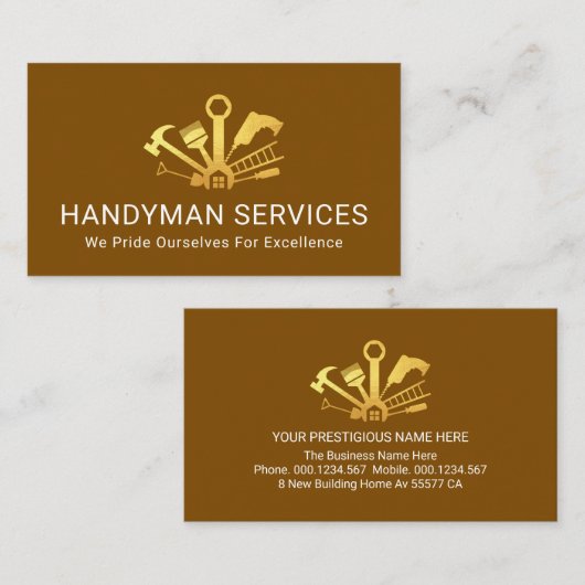 Gold Home Handyman Tools On Brown Layer Visitekaartje (Voorkant / Achterkant)