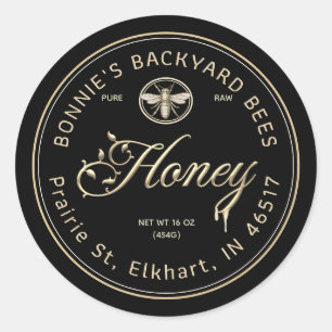 Gold Honey Script Floral Font Heraldic Bee Black Ronde Sticker