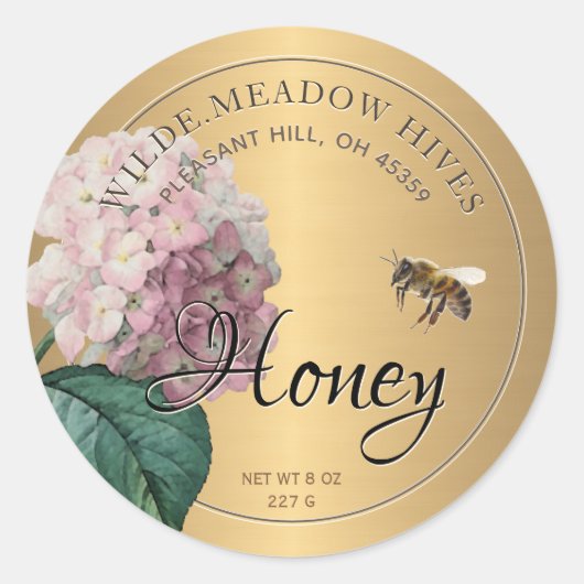 Gold Honey Sticker met bijenroze hortensia (Voorkant)