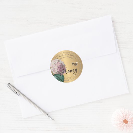 Gold Honey Sticker met bijenroze hortensia (Envelop)
