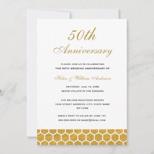 Gold Honeycomb 50th Wedding Jubileum Invite Kaart (Voorkant)
