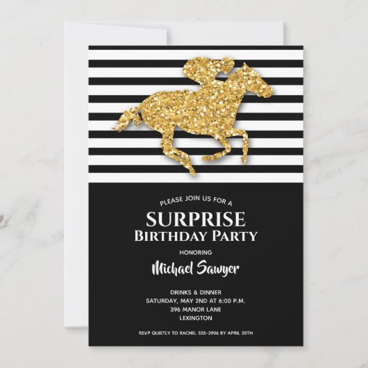 Gold Horse Black White Stripes Birthday Invites (Voorkant)