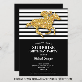 Gold Horse Black White Stripes Birthday Invites