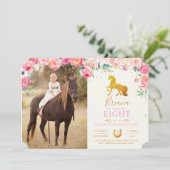 Gold Horse & Floral Photo Birthday Invitation Kaart (Staand voorkant)