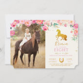 Gold Horse & Floral Photo Birthday Invitation Kaart (Voorkant)