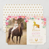 Gold Horse & Floral Photo Birthday Invitation Kaart (Voorkant / Achterkant)