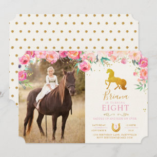 Gold Horse & Floral Photo Birthday Invitation Kaart