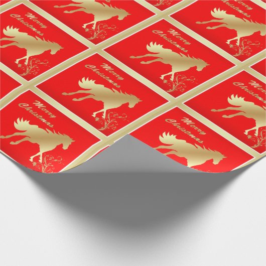 Gold Horse op Red Merry Kerstmis Cadeaupapier (Hoek)