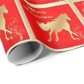 Gold Horse op Red Merry Kerstmis Cadeaupapier (Rol Hoek)