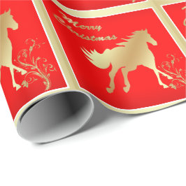 Gold Horse op Red Merry Kerstmis Cadeaupapier