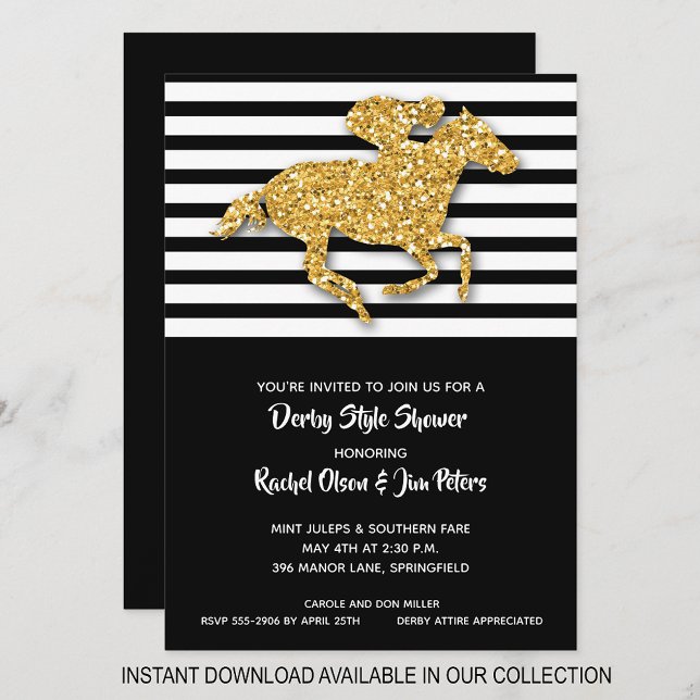 Gold Horse Stripes Derby Bridal Shower Invitations (INSTANT DOWNLOAD available in our collection to send your invitations digitally.)