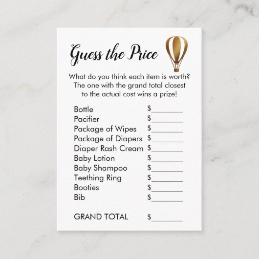 Gold Hot Air ballon raden de prijs-gamekaarten Informatiekaartje (Voorkant)