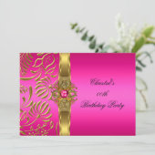 Gold Hot Pink Damask Elite Elegant Birthday Party Kaart (Staand voorkant)