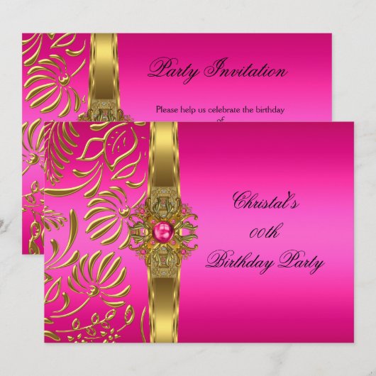 Gold Hot Pink Damask Elite Elegant Birthday Party Kaart (Voorkant / Achterkant)