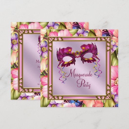 Gold Hot Pink Roze Paarse Masker Masquerade Party Kaart (Voorkant / Achterkant)