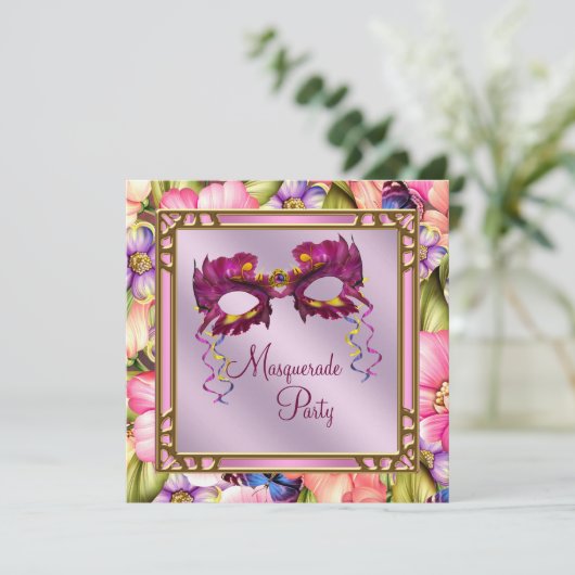 Gold Hot Pink Roze Paarse Masker Masquerade Party Kaart (Staand voorkant)