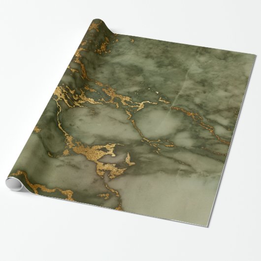 Gold Hunter Green Marble Fluid Metallic Cadeaupapier (Uitgerold)
