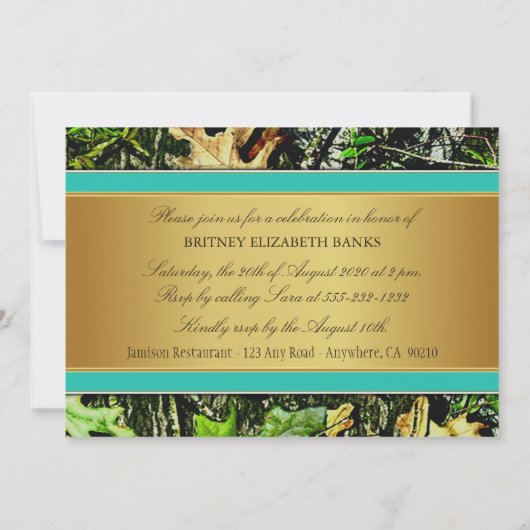 Gold Hunting Camo Bachelorette Party Kaart (Achterkant)