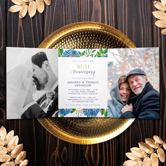 Gold Hydrangea 50th Wedding Jubileum Invitation Drieluik Programma