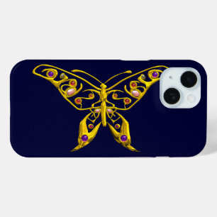 GOLD HYPER BUTTERFLES MET GEMSTONES, blauw iPhone 15 Case
