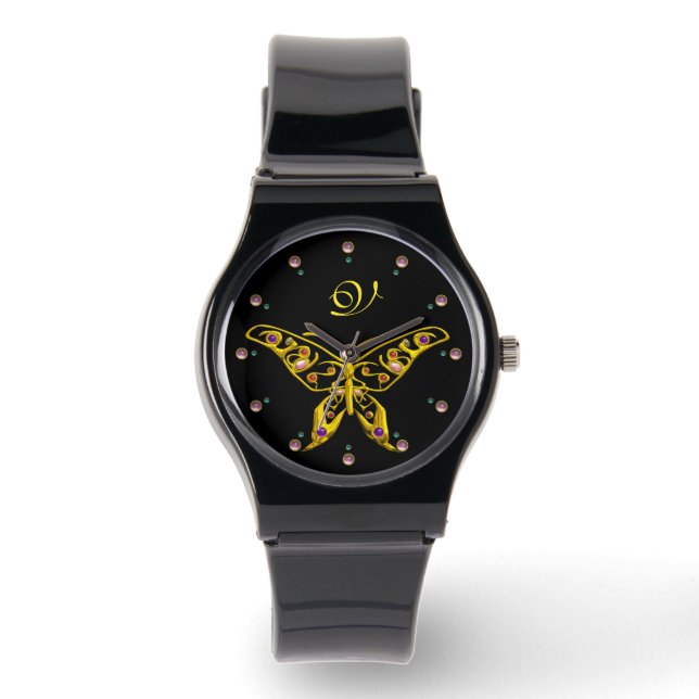 GOLD HYPER BUTTERFLES MET GEMSTONES Monogram Black Horloge (Voorkant)