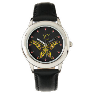GOLD HYPER BUTTERFLES MET GEMSTONES Monogram Black Horloge